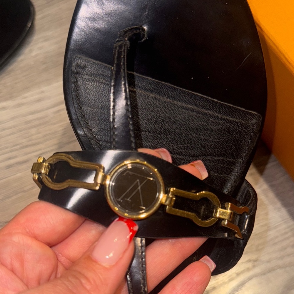 Authentic Louis Vuitton Gold and Black Leather Sandals - Picture 5 of 11